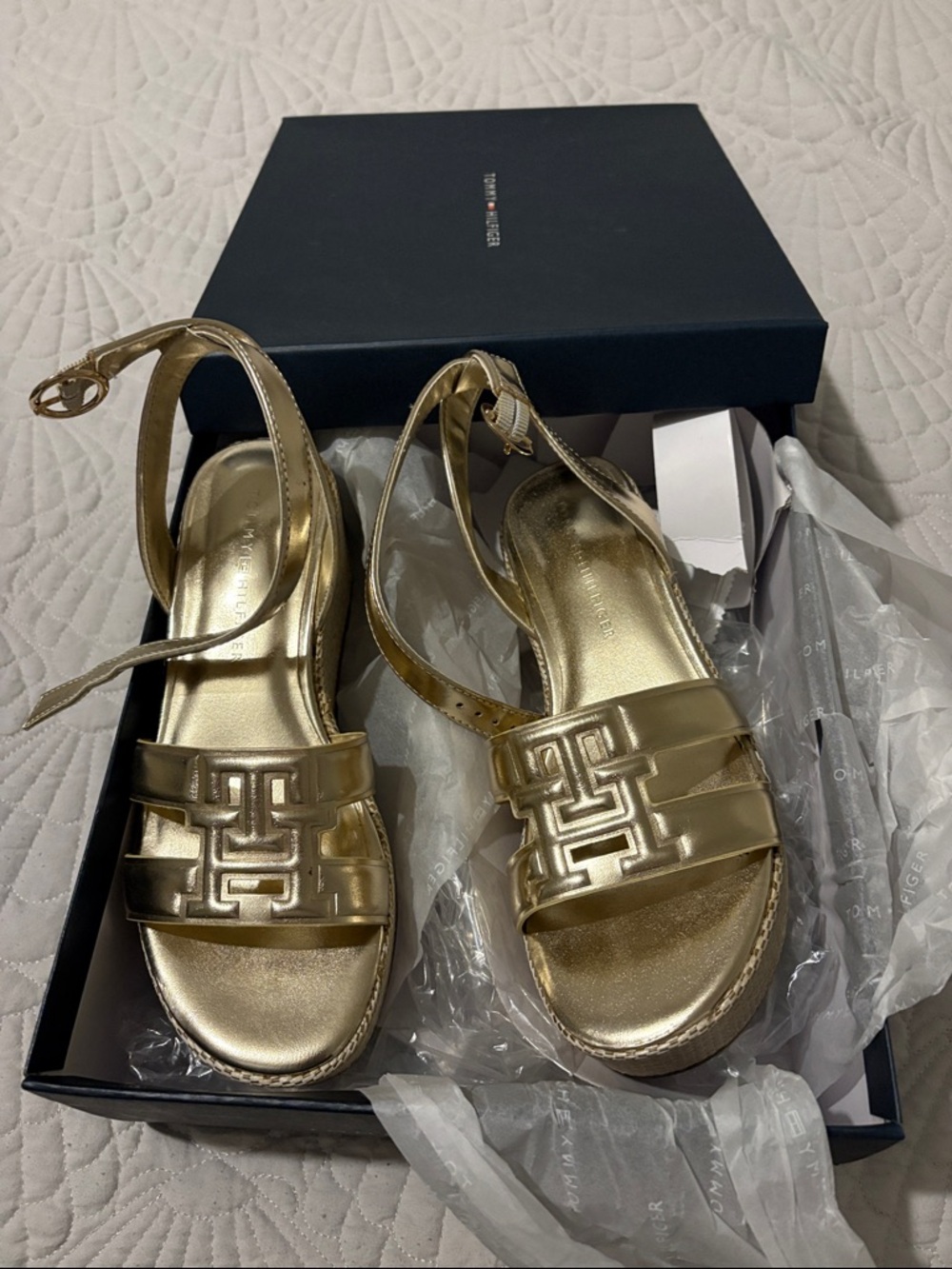Tommy Hilfiger Metallic Gold Logo Slingback Sandals